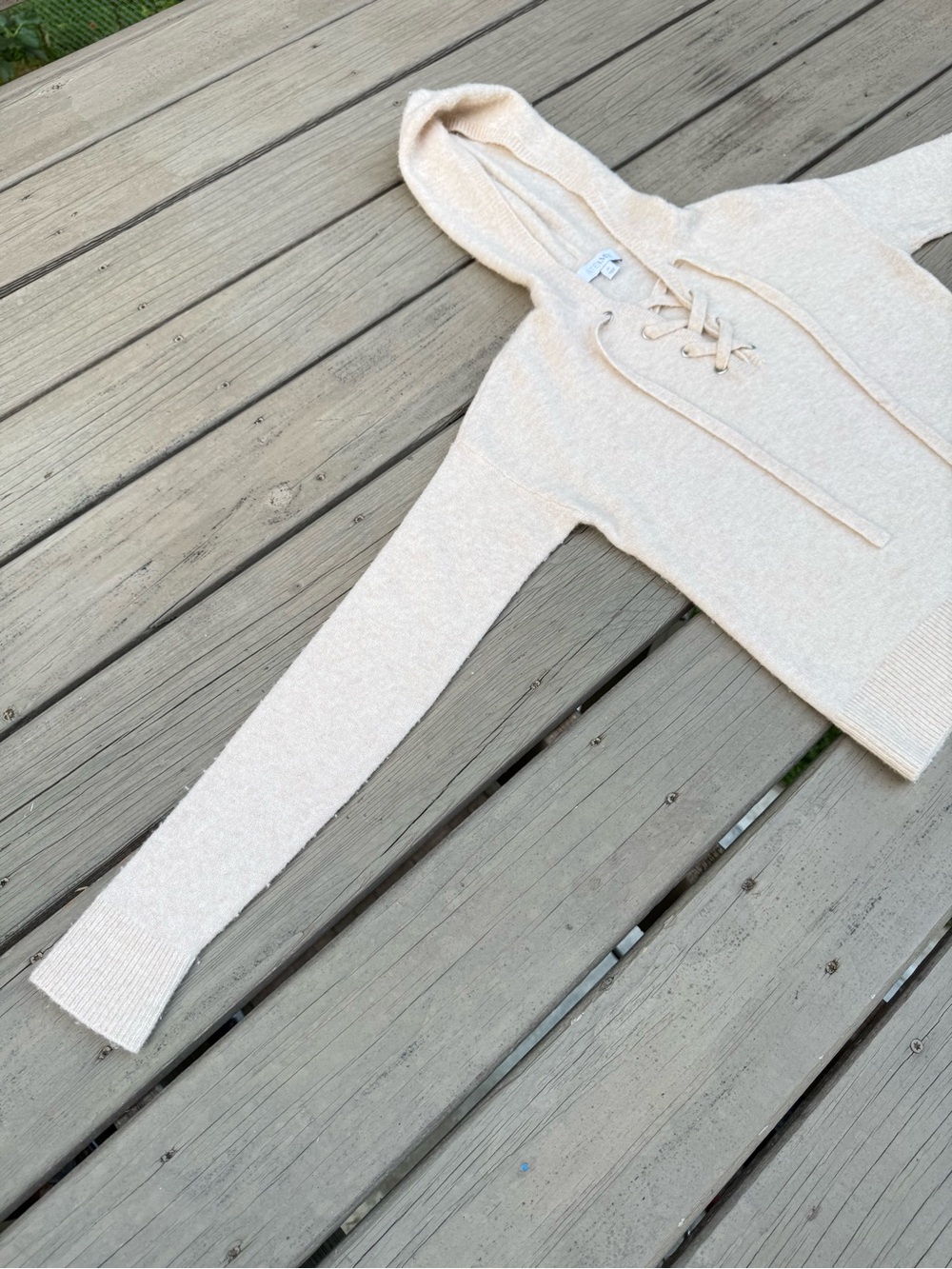 INTERMIX Lace-Up Hoodie Sweater in Light Beige - Picture 7 of 16
